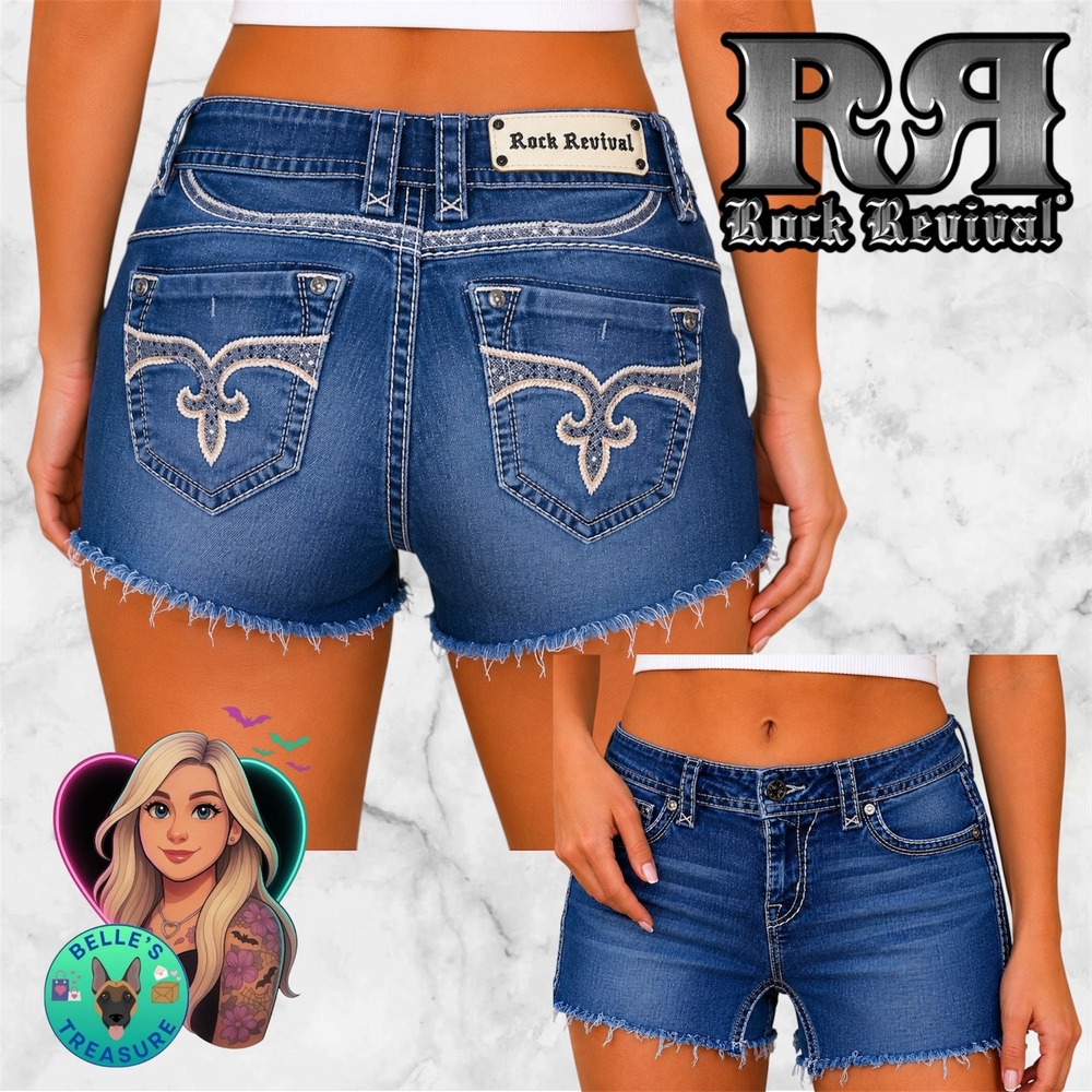 Rock Revival Womens 31 Adele Cut-Off Denim Shorts Sequin Embroidered Jeans Jorts